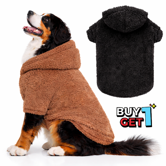 Dog wearing a brown fleece coat with a black fleece coat on the side, and 'BUY 1 GET 1' text.